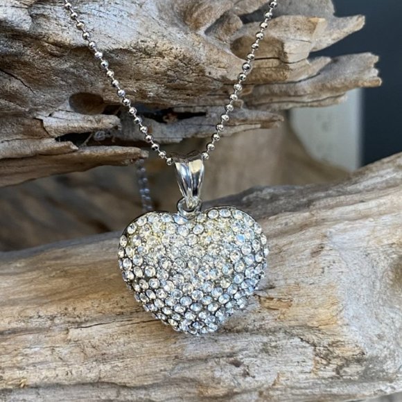 New Silver Heart Chain and Pendant Necklace W/Pave -Reversable - Picture 2 of 6